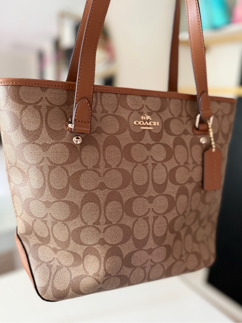 COACH F58294 Signature Zip Top Tote Bag Brown Jacquard Leather Shoulder Purse